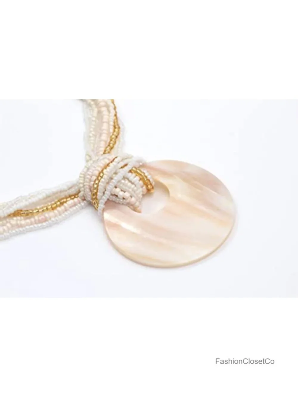 Multi Strand Beaded Shell Pendant Necklace with Matching Earrings